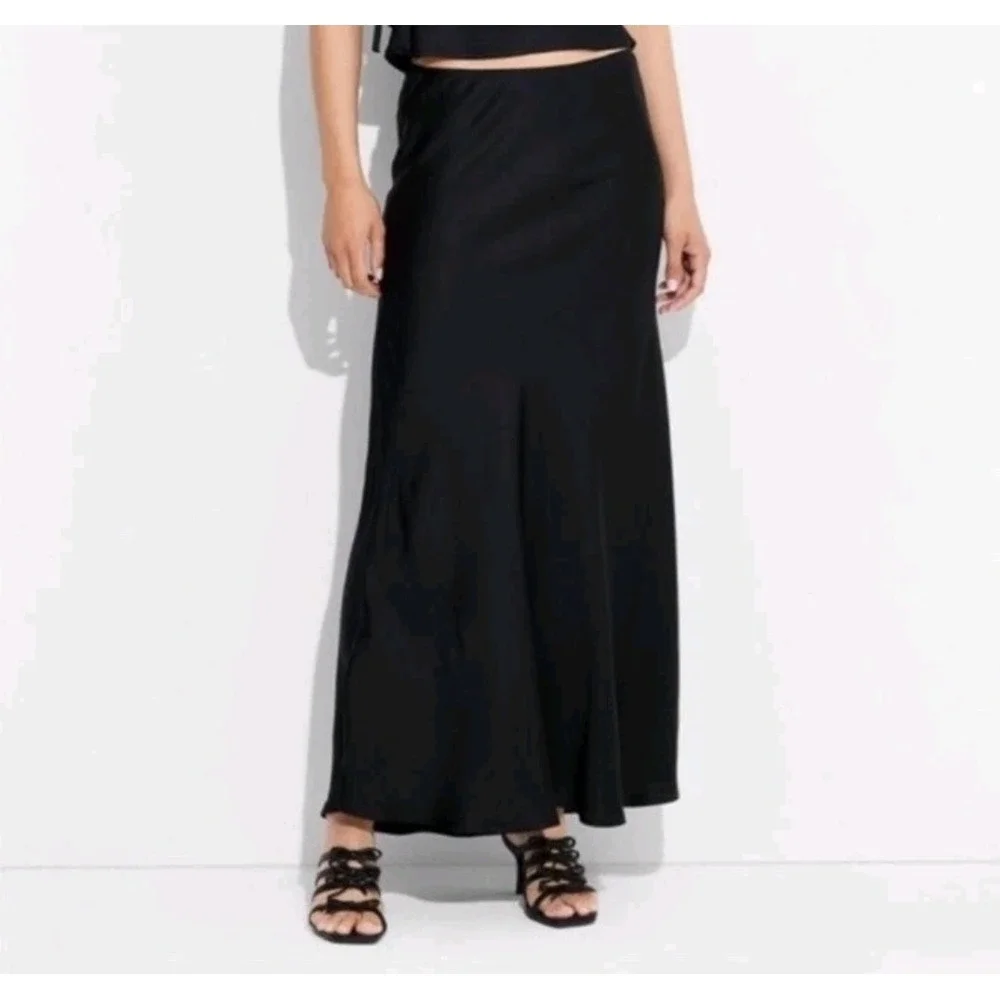 Wild Fable NWT Small Black Satin Slip Maxi Skirt Party Sleek‎ Classic Chic Class
